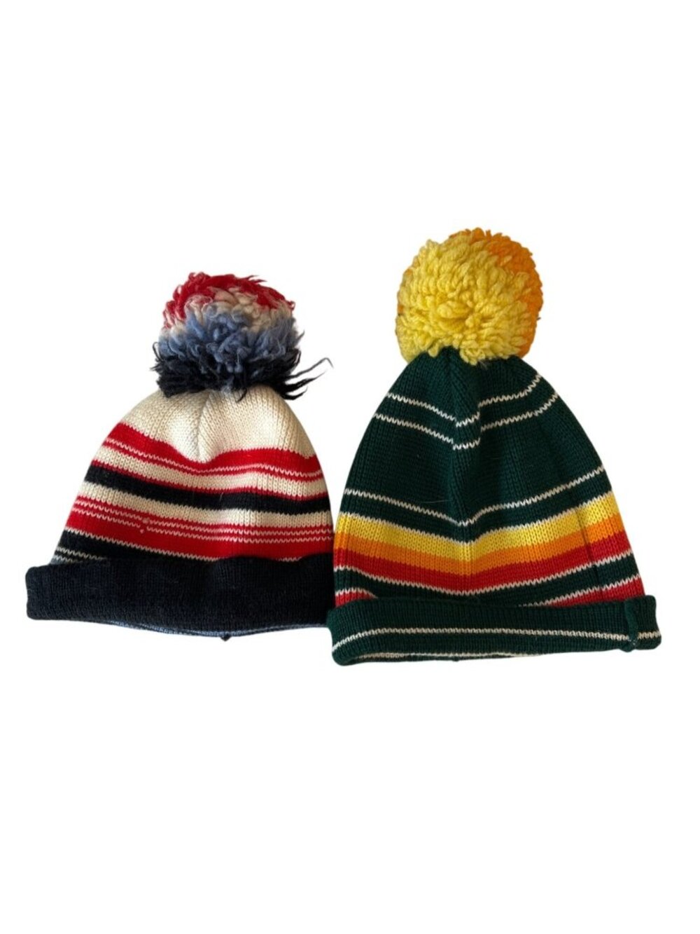 Vintage Lot of 2 Wigwam Wool Pom Pom Beanies Striped Yellow Retro Winter Hats